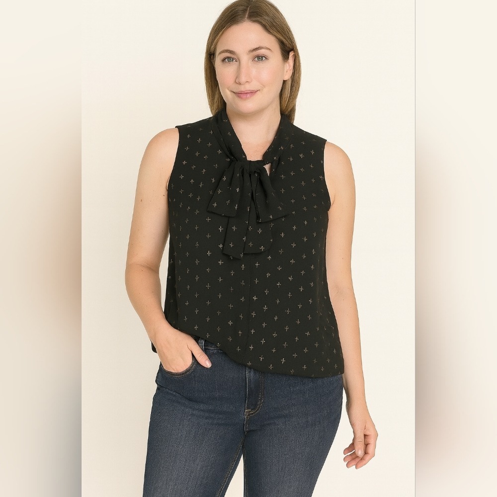 A New Day Black Metallic Foil Tie Neck Sleeveless Blouse Starburst Print‎ Small